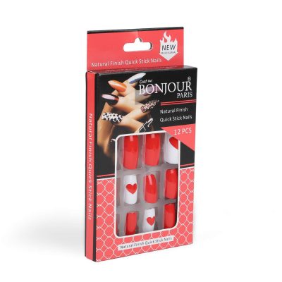 Bonjour Paris False Nails-Quick Stick Artificial Nail Set with Glue,12 pc Set (Red Love)