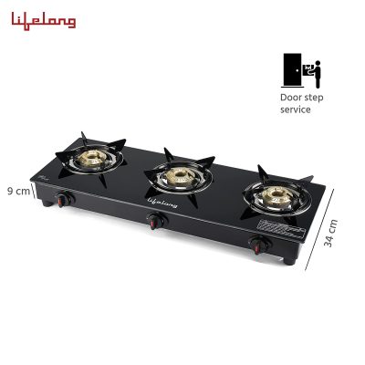 Lifelong Auto Ignition, 3 Burner Gas Stove with Toughened Glass Top