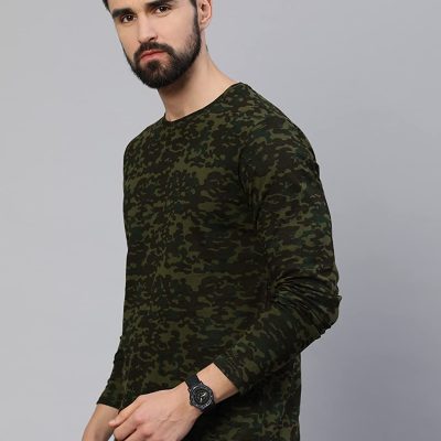 Urbano Fashion Men’s Olive Green, Khaki Military Camouflage Printed Slim Fit Full Sleeve Cotton T-Shirt