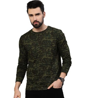Urbano Fashion Men's Olive Green, Khaki Military Camouflage Printed Slim Fit Full Sleeve Cotton T-Shirt